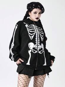 ROMWE Gothic Skeleton Print Fleece Women Jacket For Halloween - Black - View 6