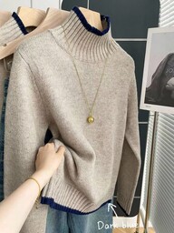 Franclia French Retro Loose High Neck Long Sleeve Contrast Trim Knit Pullover Sweater For Women, Autumn/Winter Women's Winter Sweater Going Out Tops For Women Casual Tops For Women