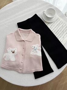 2pcs/Set Young Girl Cute Pink Rabbit & Dog Jacquard Knit Sweater Bow Decor Cardigan,Black Straight Leg Pants Fairy School Holiday Autumn Winter Sets - Pink - View 4