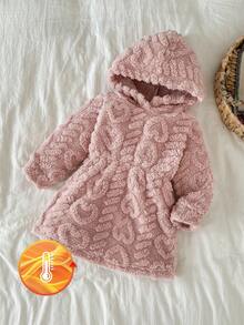 SHEIN 婴儿/女宝宝时尚花卉3D毛绒长袖连帽连衣裙，粉色 - 粉色 - 查看 7