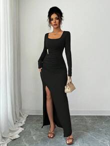 Elenzga 女式优雅高端方领长袖腰部金属扣褶饰腰部修身不对称下摆派对中长连衣裙，秋季 - 黑色 - 查看 3