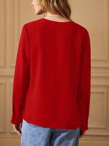 Écloséra Áo sơ mi nữ dáng rộng cổ khoét màu trơn đơn giản, mặc đi làm hàng ngày, mùa xuân/thu - Đỏ - Xem 2