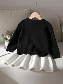 Sparklyn 2 件套少女毛衣套装,手工编织花卉粗针织开衫,黑色长袖,搭配时尚白色伞裙,适合秋冬季 - 黑與白 - 查看 3
