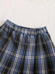 SHEIN 女婴四季字母印花 Polo 领长袖运动衫和格子裙套装，修身休闲运动服 - 灰色 - 查看 6