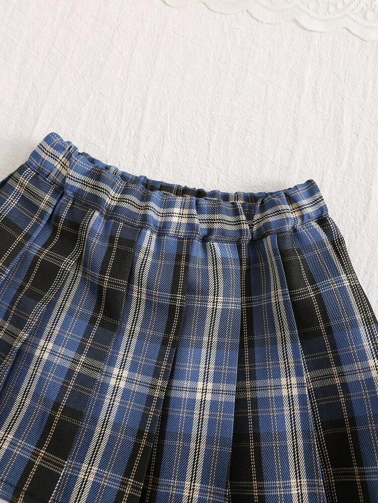 SHEIN Baby Girl 4-Season Letter Print Polo Collar Long Sleeve Sweatshirt And Plaid Skirt Set, Slim Fit Casual Sportswear - Grey - View 6