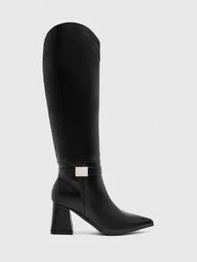 CUCCOO BIZCHIC Botas altas de tacón grueso y puntera puntiaguda de mujer, de color negro, con diseño de slip-on, versátiles para ir al trabajo, uso diario, compras, fiestas, otoño/invierno - Negro - Ver 2