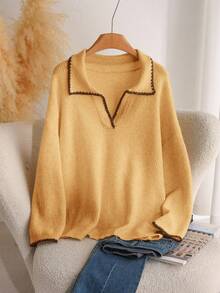 CosyJoli Sweater Pullover Leher V Kasual Ukuran Besar dengan Blok Warna dan Hiasan Gigi Anjing untuk Wanita, Pakaian Musim Gugur dan Musim Dingin - Kuning - View 1