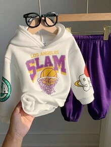 SHEIN 2件套男婴可爱卡通字母印花针织卫衣和运动裤套装，休闲运动，秋冬季男婴篮球服，男童篮球服，男婴足球服，男婴篮球服套装 - 彩色 - 查看 3