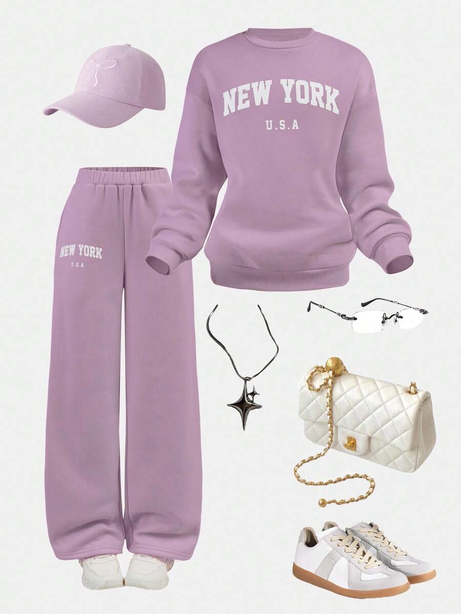 SHEIN Girlism Set de sudadera y pantalón de chándal con estampado de letras de ajuste holgado y cuello redondo para niñas preadolescentes, 2 piezas - Púrpura polvoriento - Ver 1