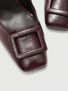 CUCCOO BIZCHIC 女士方头粗跟棕色 PU 皮革一脚蹬平底鞋，时尚简约，舒适，适合日常穿着和各种场合 - 酒紅色 - 查看 5