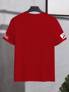 PAVTROS 男士休閒 #23 印花圓領短袖修身 T-shirt，紐約球衣風格，Y2K 足球風 - 紅色 - 查看 2