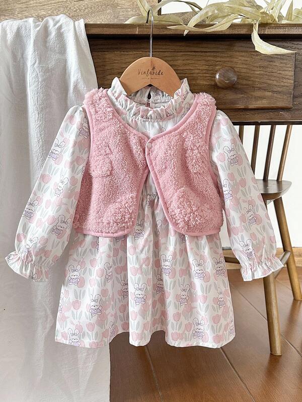 Vintaside Kids Baby Mädchen Herbst Lammwoll Weste und Cartoon Hase Muster Kleid süßes 2 Stücke Set, geeignet für Lässig, Outdoor Aktivitäten oder Urlaub