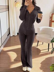 SHEIN PETITE 2pcs/Set Women Casual Hooded Sweatshirt With Pockets & Ribbed Flare Pants, Versatile Autumn/Winter Outfit - Mocha Brown - View 5