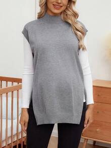 SHEIN 孕妇高领休闲开衩宽松套头衫 - 深灰色 - 查看 4