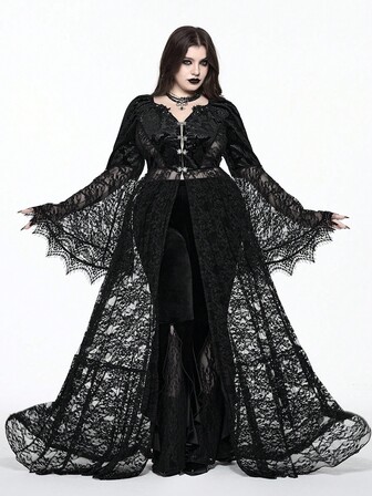 Goth Vestido holgado de mujer de talla grande con mangas acampanadas, encaje jacquard de terciopelo gótico y parches, se puede usar como prenda exterior con pantalones o faldas