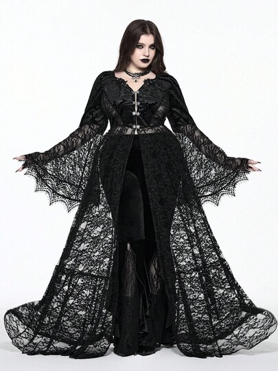 Goth Abito da donna in velluto jacquard gotico con inserti in pizzo, maniche a campana e orlo ampio, taglie comode. Può essere indossato come capo esterno con pantaloni o gonne.