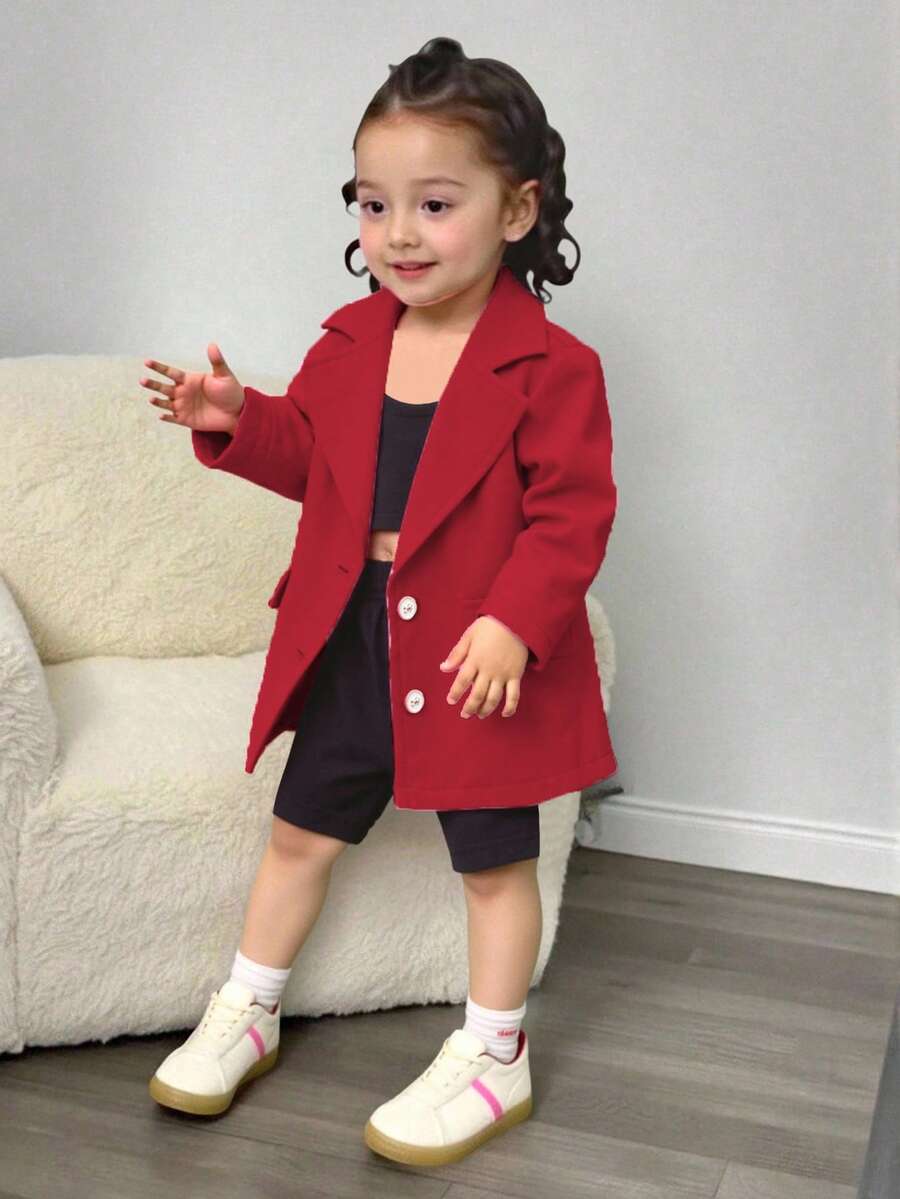 SHEIN Conjunto de moda elegante para niña bebé de 3 piezas en rojo y negro, chaqueta de traje con solapa de manga larga, chaleco negro y shorts ajustados, atuendo para fiesta, uso diario y viajes de otoño - Rojo - Ver 1
