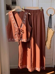 Comfortcana 波西米亚度假棕色编织印花系带套装 - 棕色 - 查看 5