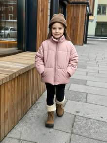 女童宽松拉链立领棉衣，粉色 - 粉色 - 查看 1
