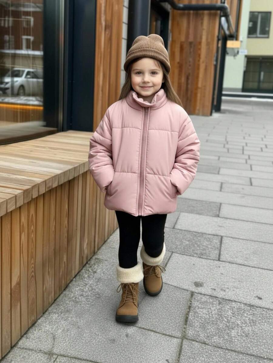 女童宽松拉链立领棉衣，粉色 - 粉色 - 查看 1