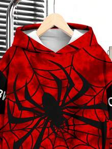 SHEIN 2 件青少年男孩休闲舒适秋季新品街头风格蜘蛛与超级英雄图案长袖连帽运动衫套装，适合秋冬季