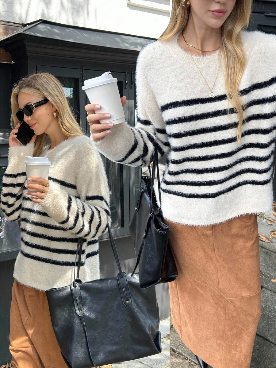 Elyressa Sweater Rajut Longgar Bermotif Garis-garis untuk Wanita, Model Bahu Jatuh, Kasual untuk Perjalanan Sehari-hari, Musim Gugur/Dingin - Aprikot - View 1
