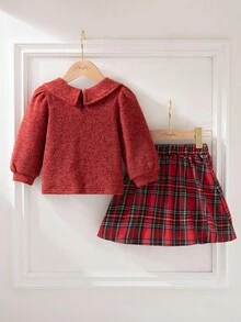 Souflis Souflis 2pcs/Set French 2025 Autumn/Winter New Christmas Element Big Bow Thick Red Long Sleeve T-Shirt Matched With Plaid Pleated Skirt, Suitable For School, Outing, And Play, Girls Outfit - Burgundy - View 3