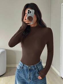 SHEIN EZwear Women's Coffee Brown Stand Collar Long Sleeve Casual Bodysuit, Autumn,Fall,Fall Clothes For Women - Coffee Brown - View 6