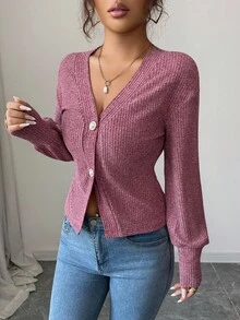 Elenzga Women's Elegant Casual Chic Burgundy Cloud Velvet Ribbed Pearl Button Cardigan, Stylish V-Neck Slim Fit Sophisticated Autumn Everyday Wear Long Sleeve T-Shirt