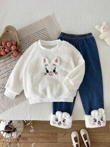 Sparklyn 2pcs/Set Toddler Girls' Cat Embroidery Graphic Crew Neck Long Sleeve Fuzzy Sweatshirt And Cuffed Fuzzy Denim Pants, Fashion Casual Sports Streetwear, Autumn/Winter - White - View 1