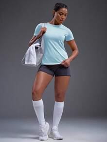 Powerista Letter Graphic Sports Tee Gym Women Shirts - Baby Blue - View 4