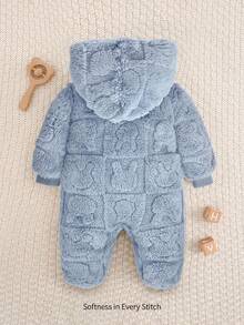 Cozy Pixies 男婴卡通熊图案连帽羊毛连体衣（含裤子） - 藍色 - 查看 2