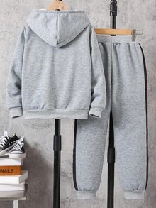 SHEIN 秋冬款男童保暖基本款加厚印花口袋连帽衫和运动裤套装 - 灰色 - 查看 2