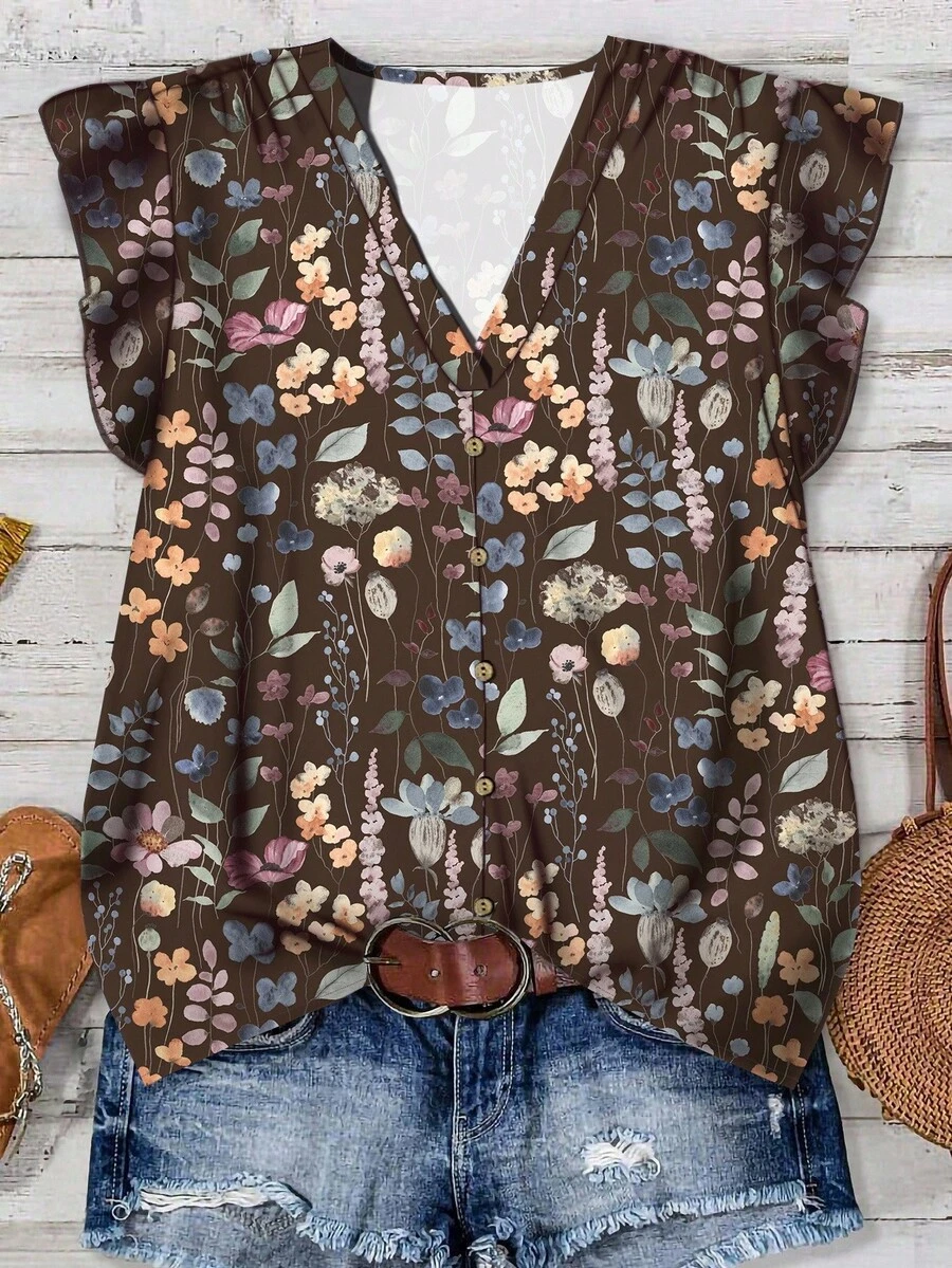 SHEIN LUNE 女士印花V领荷叶袖休闲衬衫,适合夏季新年派对 - 棕色 - 查看 1