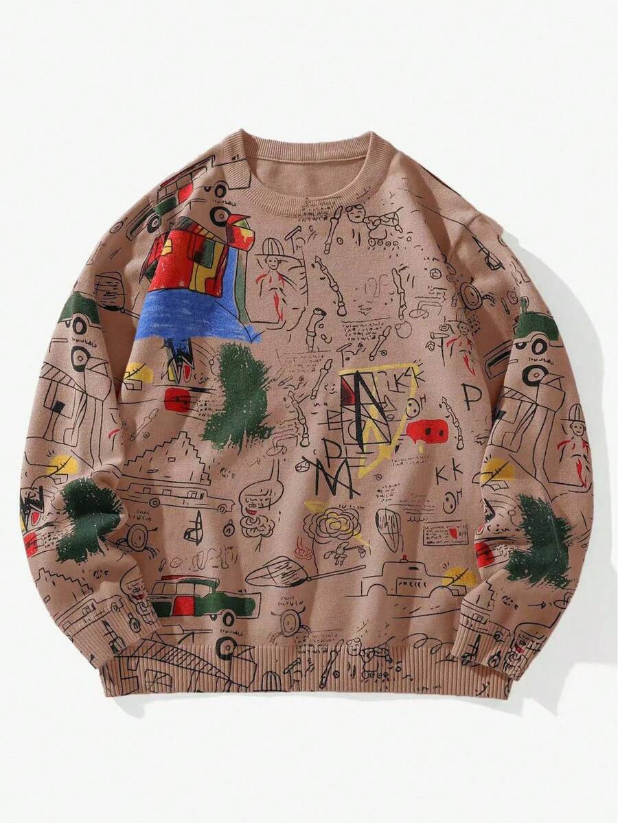 Chillumni Men's Christmas Family Cartoon Pattern Men Sweater Casual Crew Neck Long Sleeve Sweater, Christmas