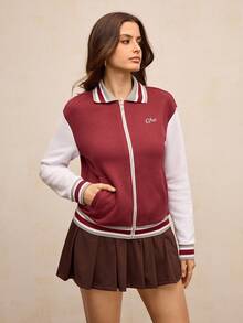 Activina Damen Kontrast-Farbe Dicke Langarm Sportjacke - Bordeaux - Übersicht 3