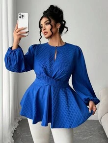 Elenzga Plus Size Elegant Cinched Waist Solid Color Cross-Wrap Long Sleeve Flared Shirt - Blue - View 4