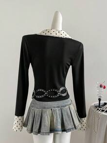 Sweetra 新款秋季波点拼接修身休闲通勤长袖女衬衫 - 黑色 - 查看 2