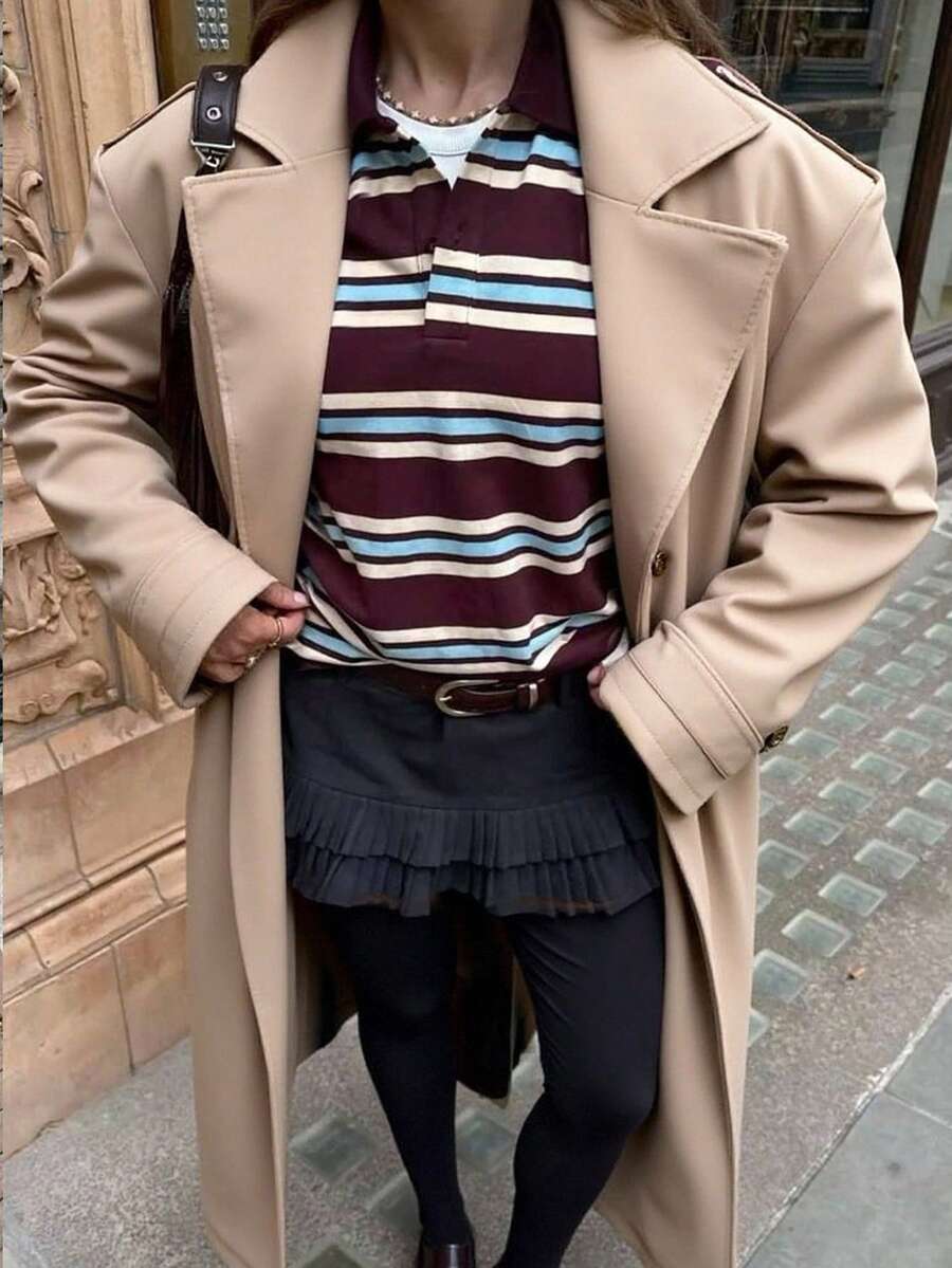 1 件青少年女孩翻领长袖宽松长款风衣夹克，秋季休闲通勤外套 - 卡其色 - 查看 1