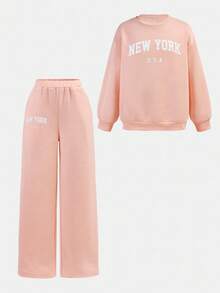 SHEIN 2 件套青少年女孩休闲字母印花宽松圆领运动衫和运动裤套装 - 淺粉色 - 查看 7