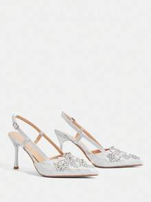 CUCCOO TILAWA Giày cao gót mũi nhọn đính đá Rhinestone nổi thời trang nữ dự tiệc cưới trang trọng - Bạc - Xem 4