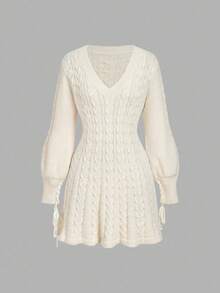 SHEIN MOD Women's Elegant Cream White Cable Knit Sweater Dress,V-Neck Long Sleeve Knitted Jumper Dress,Autumn/Winter Thanksgiving,Christmas & Tea Party Outfit - Apricot - View 2