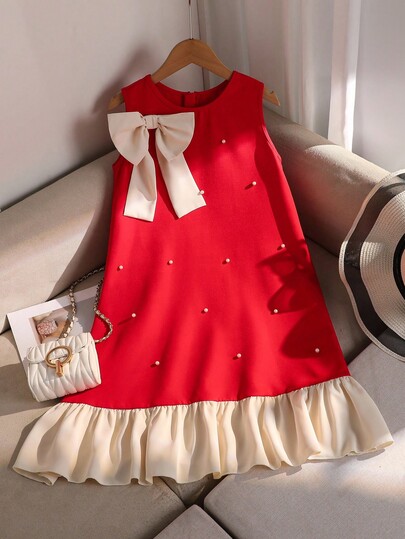 Christmas,Halloween Clothing For Kids,Winter,Wednesday,Black Dress,Tween Girl Round Neck Sleeveless Bowknot Decor Pearl Studded Contrast Color Pleated Ruffle Hem Dress Red Girls Dress With Pearls Red Dress For Girl Girls Pearl Dress Red Bow Dress For Girl