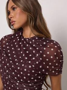 SHEIN BAE Women's Autumn And Winter Brown Exquisite Casual Polka Dot Print Pleated Slim Short-Sleeved Top, Brunch Top, Going Out Top, Polka Dot Top, Brown Top - Coffee Brown - View 4