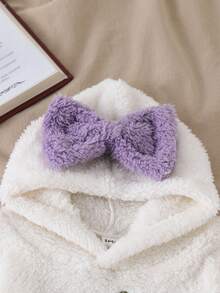 SHEIN 婴幼儿女童休闲简约草莓刺绣蝴蝶结蓬松连帽卫衣和粉色蓬松面料裤子，适合秋冬季日常外出穿着 - 紫色 - 查看 5