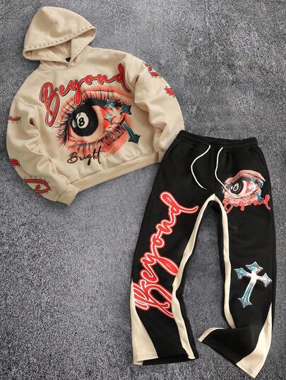 Street Life Men Eye Print Long Sleeve Hoodie And Drawstring Waist Sweatpants Set, Fall Clothes