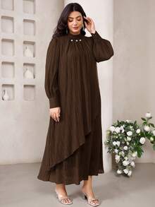 Veilorie Plus Size Elegant Commuter Beaded Decor Long Dress - Coffee Brown - View 4