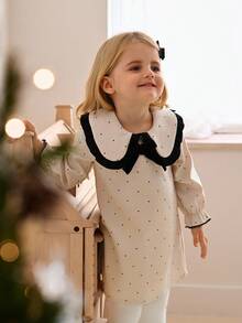 SHEIN 黑白撞色女婴荷叶边领蝴蝶结波点印花长裙，甜美优雅秋冬户外装 - 彩色 - 查看 6