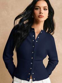 Elaquor Áo len cardigan dệt kim dài tay trễ vai màu trơn cỡ lớn dành cho nữ, mùa thu - Màu xanh hải quân - Xem 7