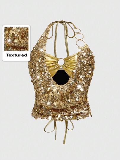 ROMWE Avant Camiseta de tirantes finos de talla grande para fiesta de festival de música Y2K, chaleco sexy con lentejuelas y espalda descubierta para ocasiones formales